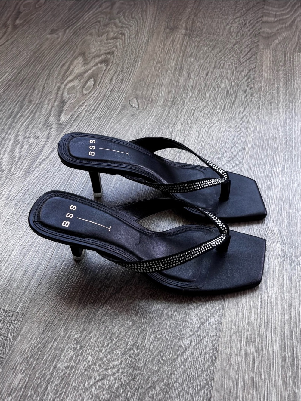 Black Rhinestone Thong Kitten Heel Sandals
